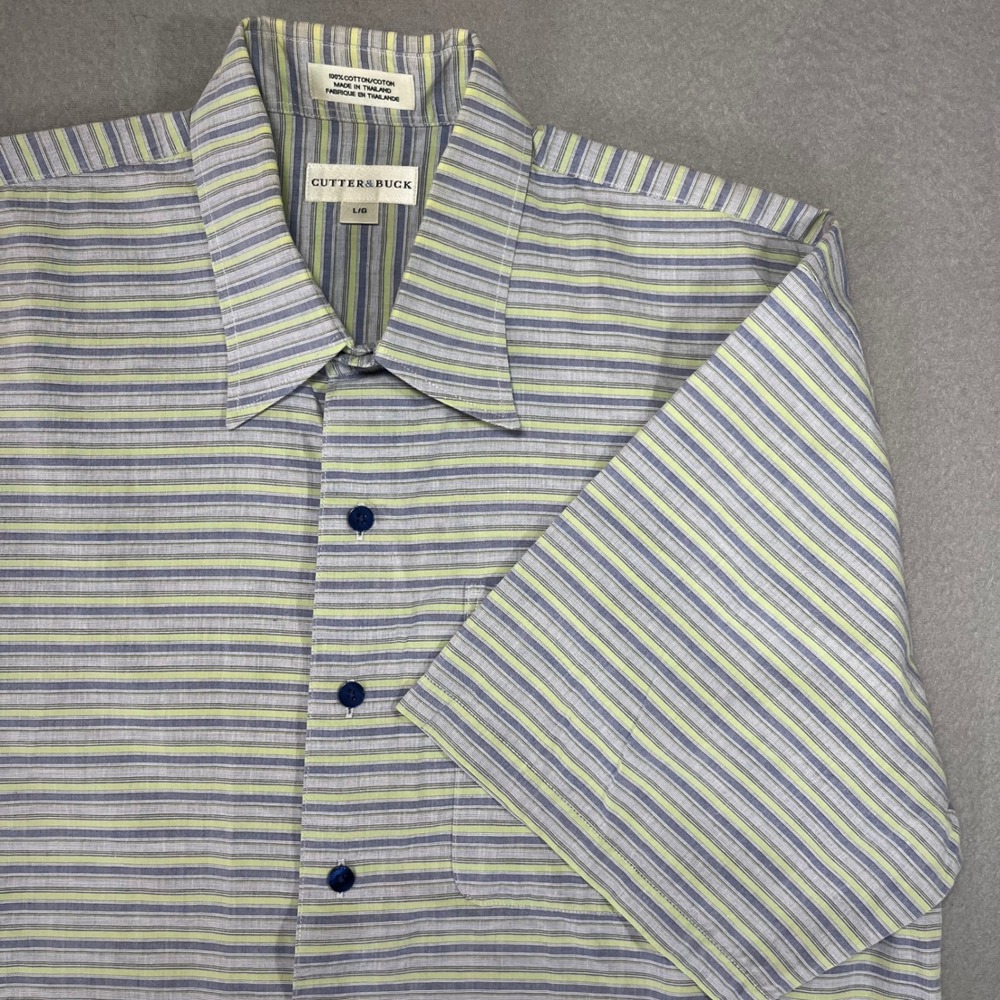 Cutter & Buck Mens Large Blue Green Stripe Short Sleeve Cotton Button Down Shirt